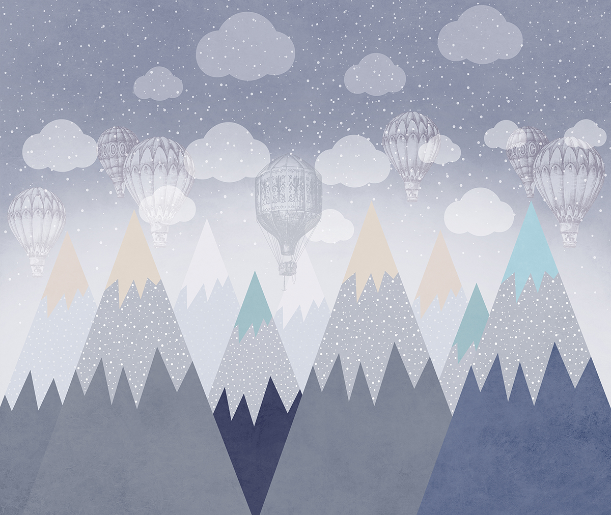 Mountains,In,Scandinavian,Style,With,Balloons,And,Clouds.,Children's,Illustration,