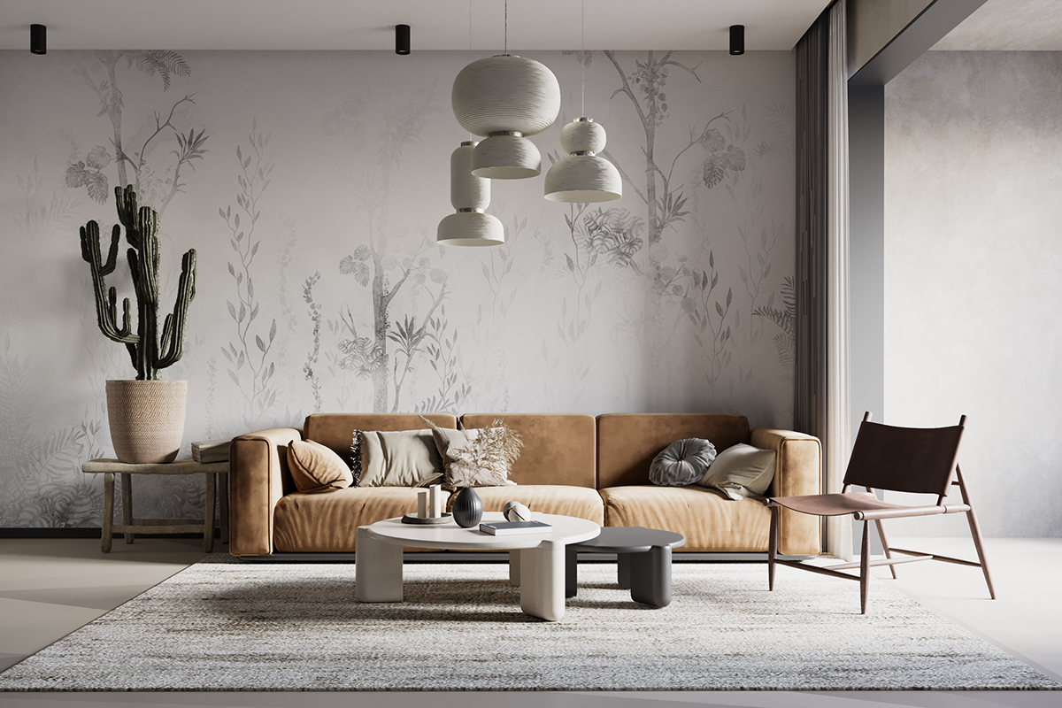 Zidni zidni zid Lišće u sivoj boji