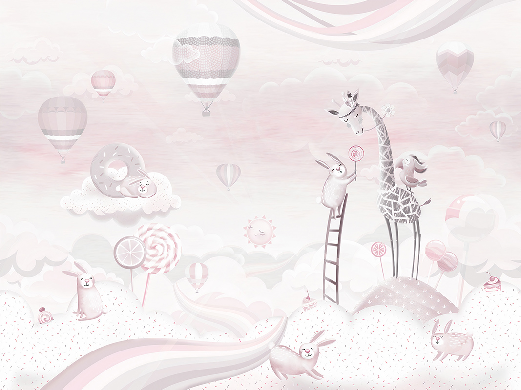 Clouds,And,Animals,On,Pink,Background.,Kids,Room,Wallpaper