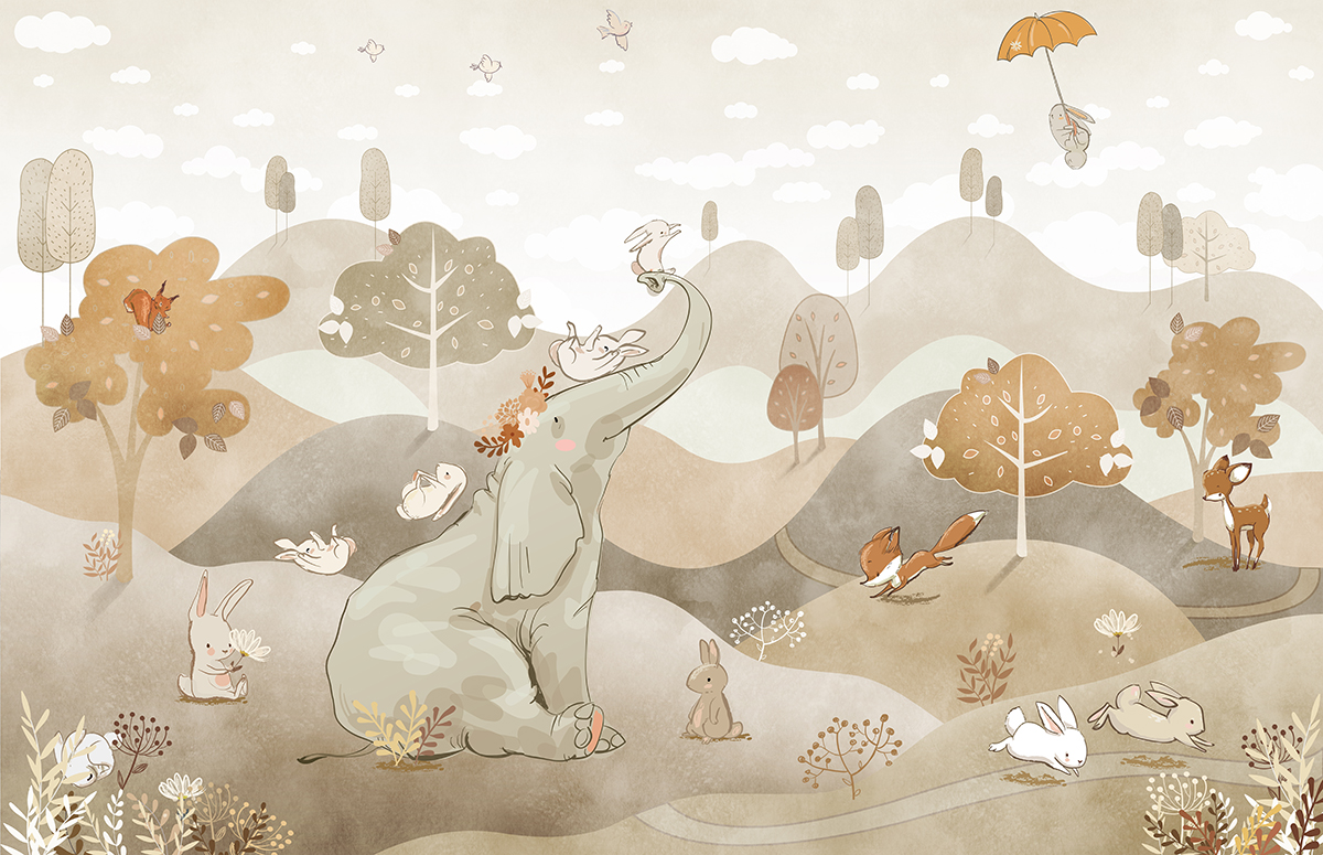Animals,Wallpaper,Mural,,Kids,Room,Decor,,Elephant,,Bunny,,Fox,,Autumn
