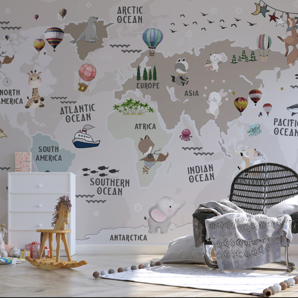 Zidni zidni zid sa životinjama sa kartom svijeta