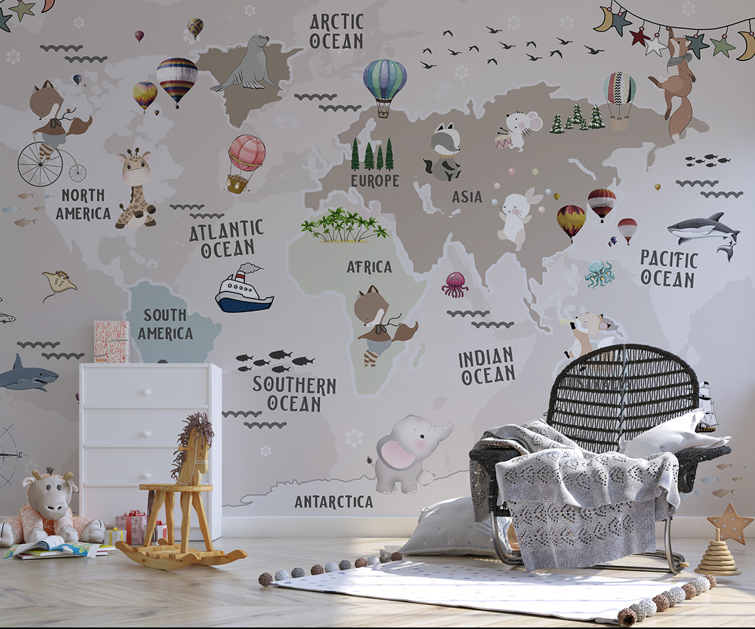 Zidni zidni zid sa životinjama sa kartom svijeta