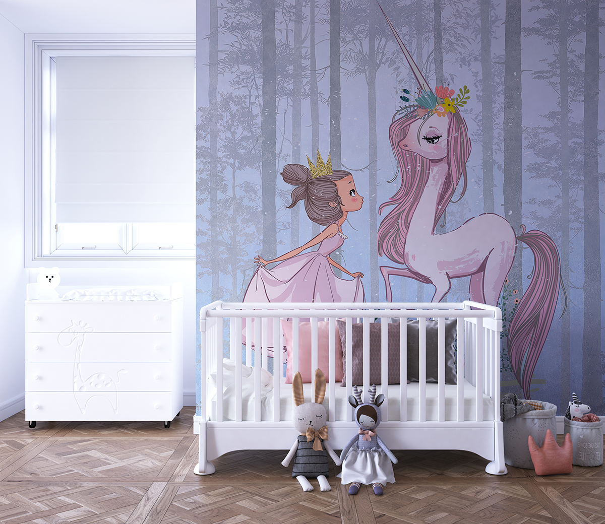 Zidni mural princeze i ružičastog jednoroga