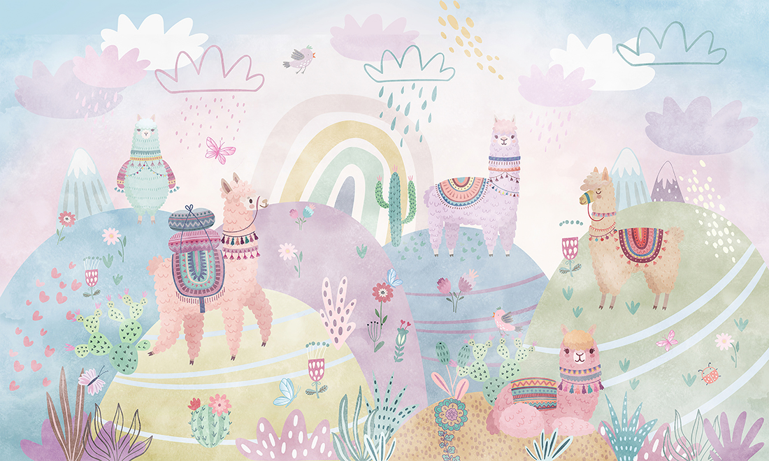 Colorful,Wildlife,Kids,Room,Wallpaper,Mural,,Rainbow,,Cactus,,Clouds,,Nursery