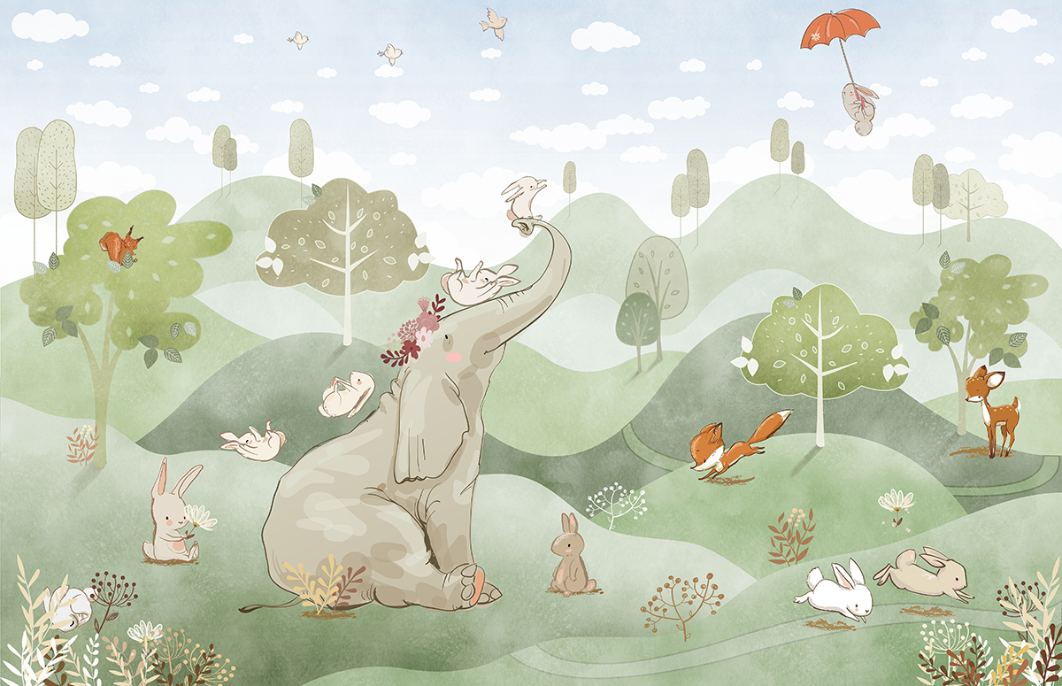 Summer,Forest,Animals,,Watercolor,Woodland,,Elephant,,Bunny,,Fox,,Deer,,Animals,