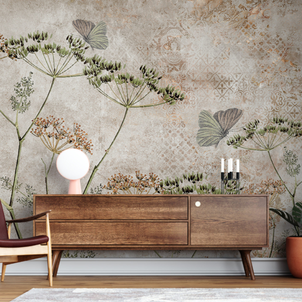 Zidni zid cvatova komorača na pozadini s uzorkom