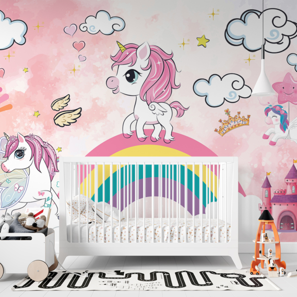 Jednorog na zidnom muralu u duginim bojama