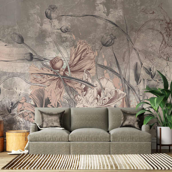 Mural s cvijećem u nijansama bež boje