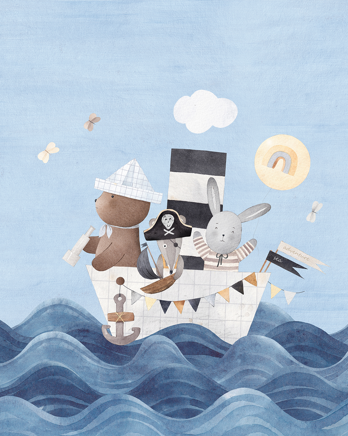 Cute,Animals,On,A,Paper,Boat.,Sea,Voyage,Of,Friends.