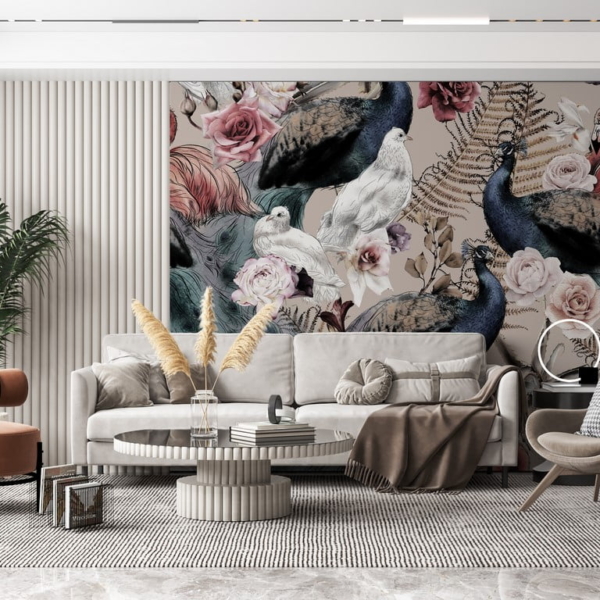 Šarene ptice među cvjetovima ruža zidni zid