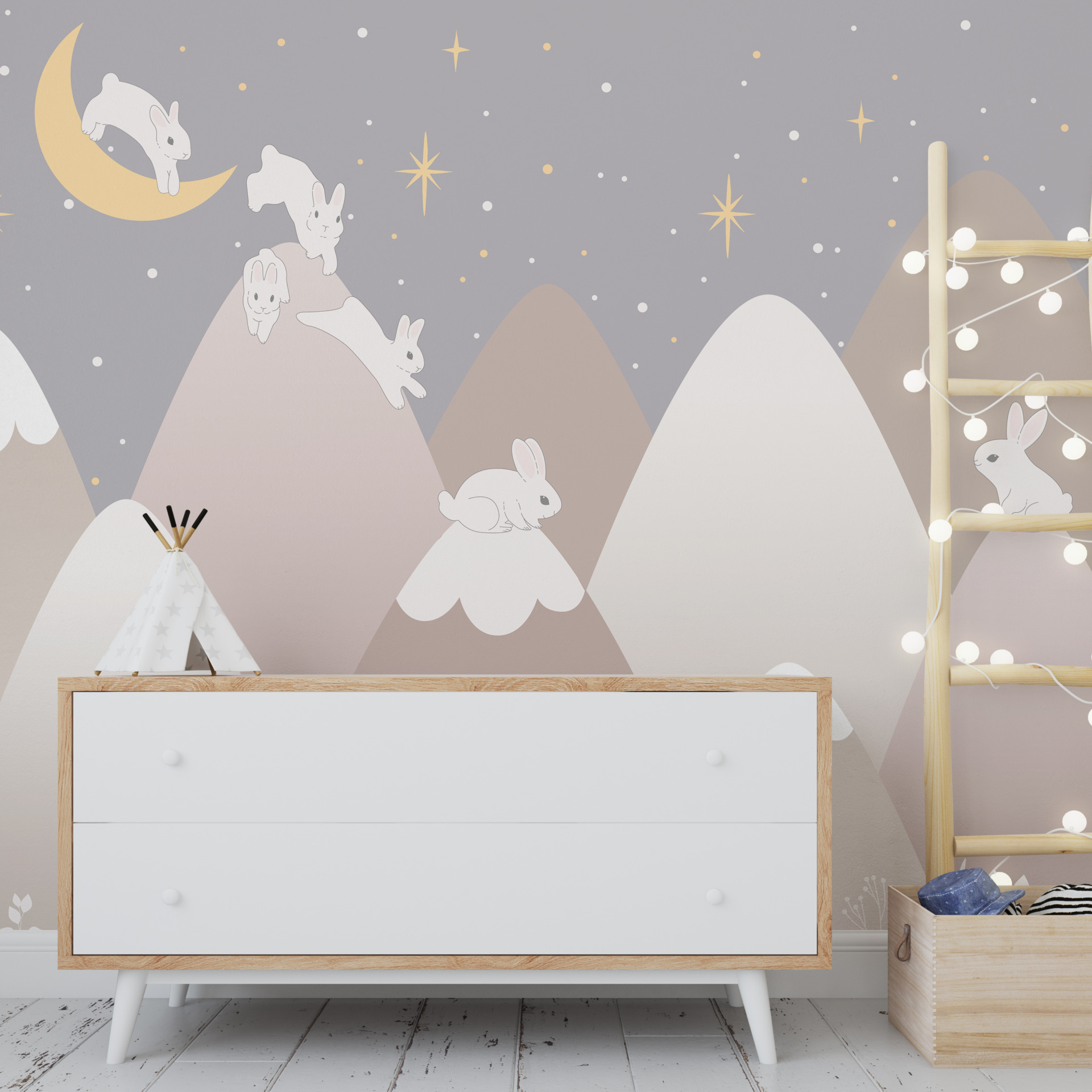 Zidni mural Bijeli zečići u planinama