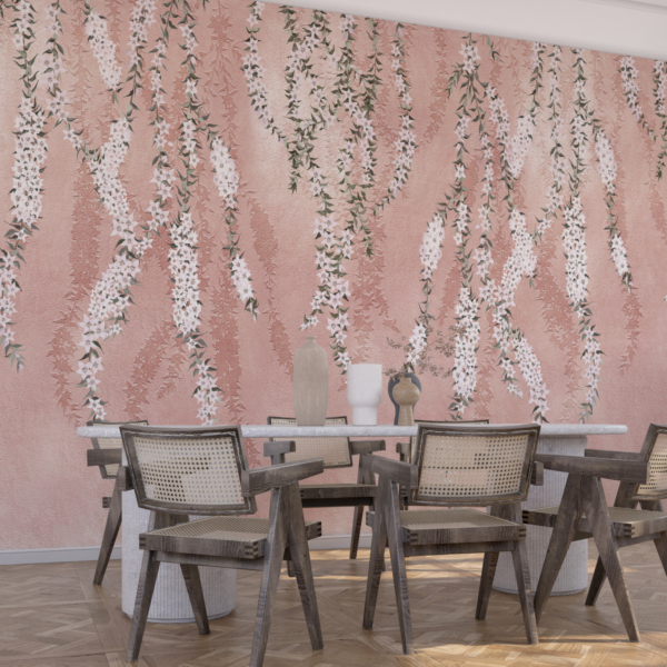 Zidni zid Bijeli cvjetovi na ružičastoj pozadini