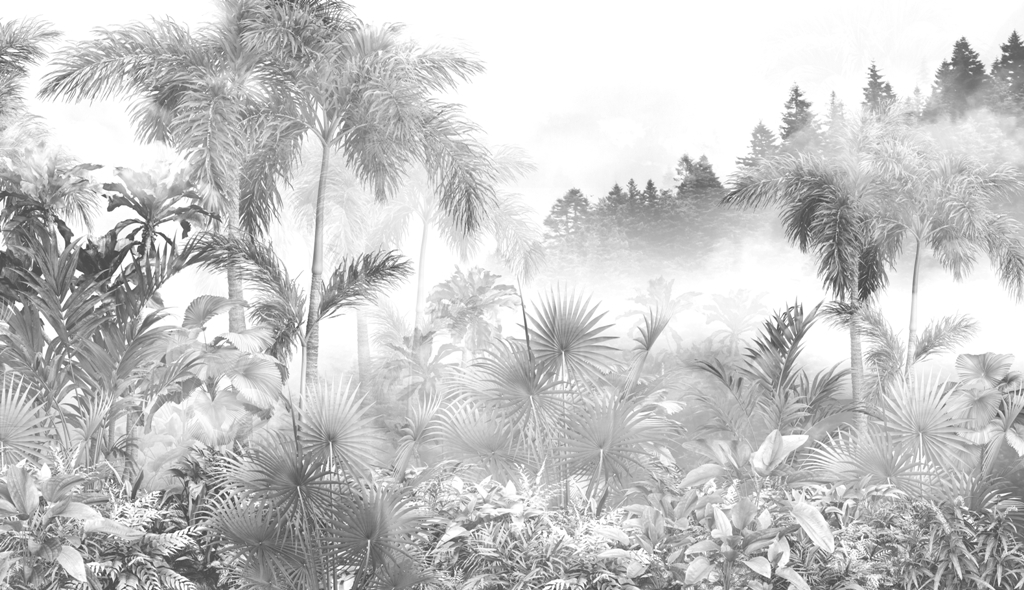 tropical trees and leaves in foggy forest wallpaper design - 3D illustration