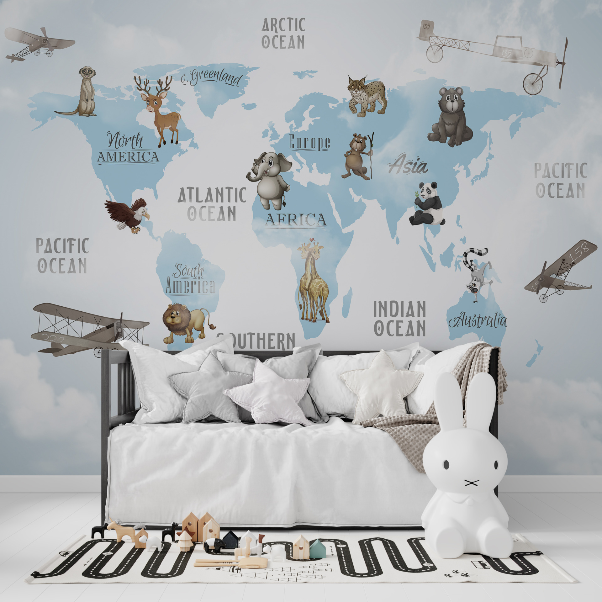 Zidni mural s kartom plavog svijeta