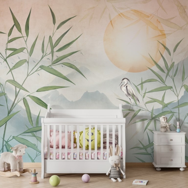 Mural čaplje s pozadinom zalaska sunca