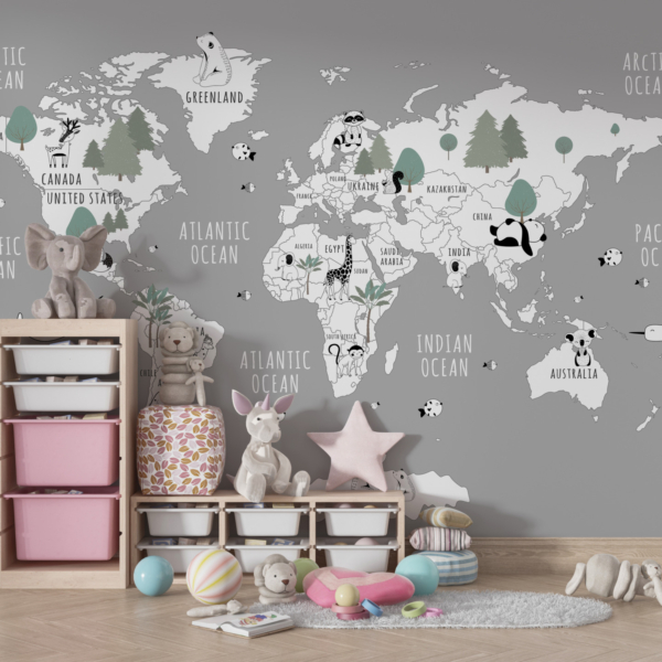 Zidni mural na drvetu na karti svijeta