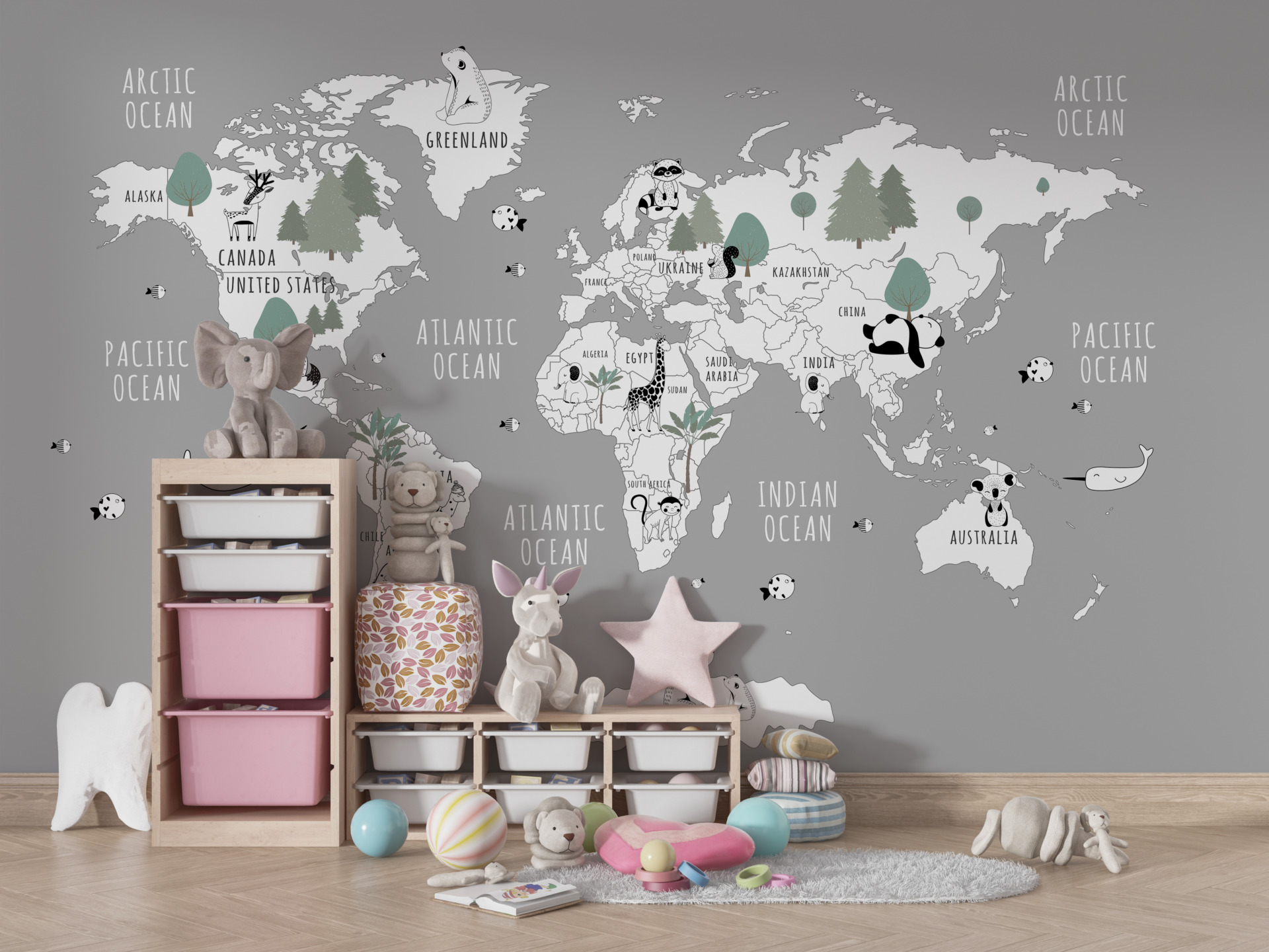 Zidni mural na drvetu na karti svijeta