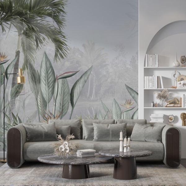 Zidni mural Egzotično cvijeće i palme u magli