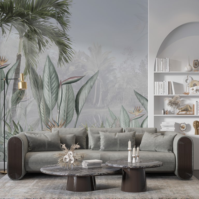 Zidni mural Egzotično cvijeće i palme u magli
