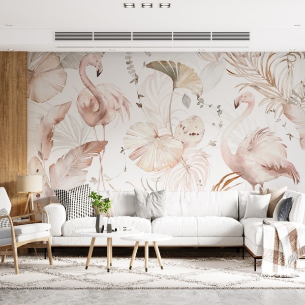 Zidni mural Flamingos u ružičastom lišću