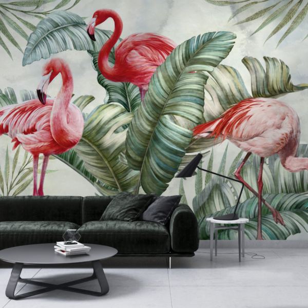 Zidni mural Flamingos u zelenoj boji