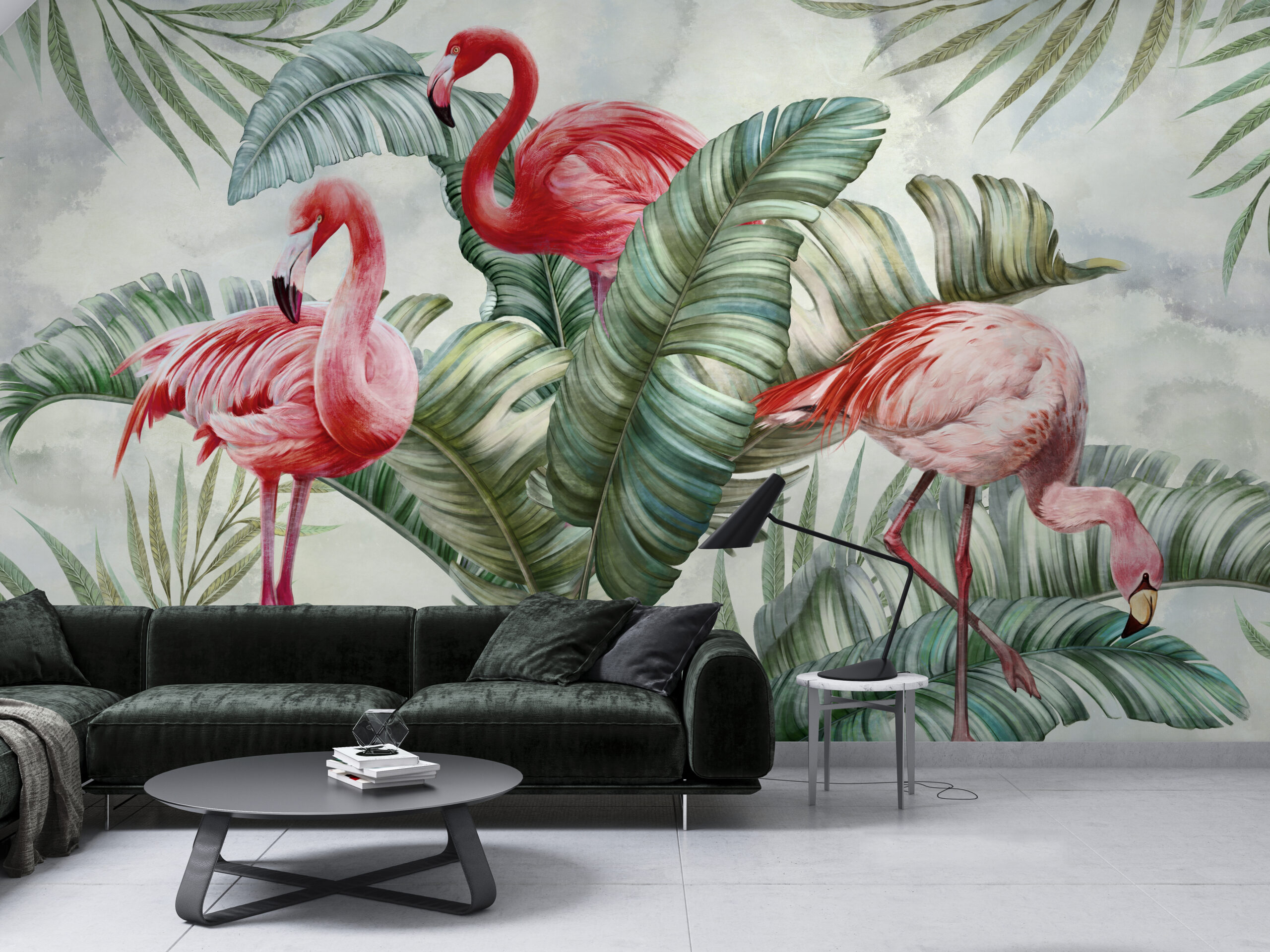 Zidni mural Flamingos u zelenoj boji