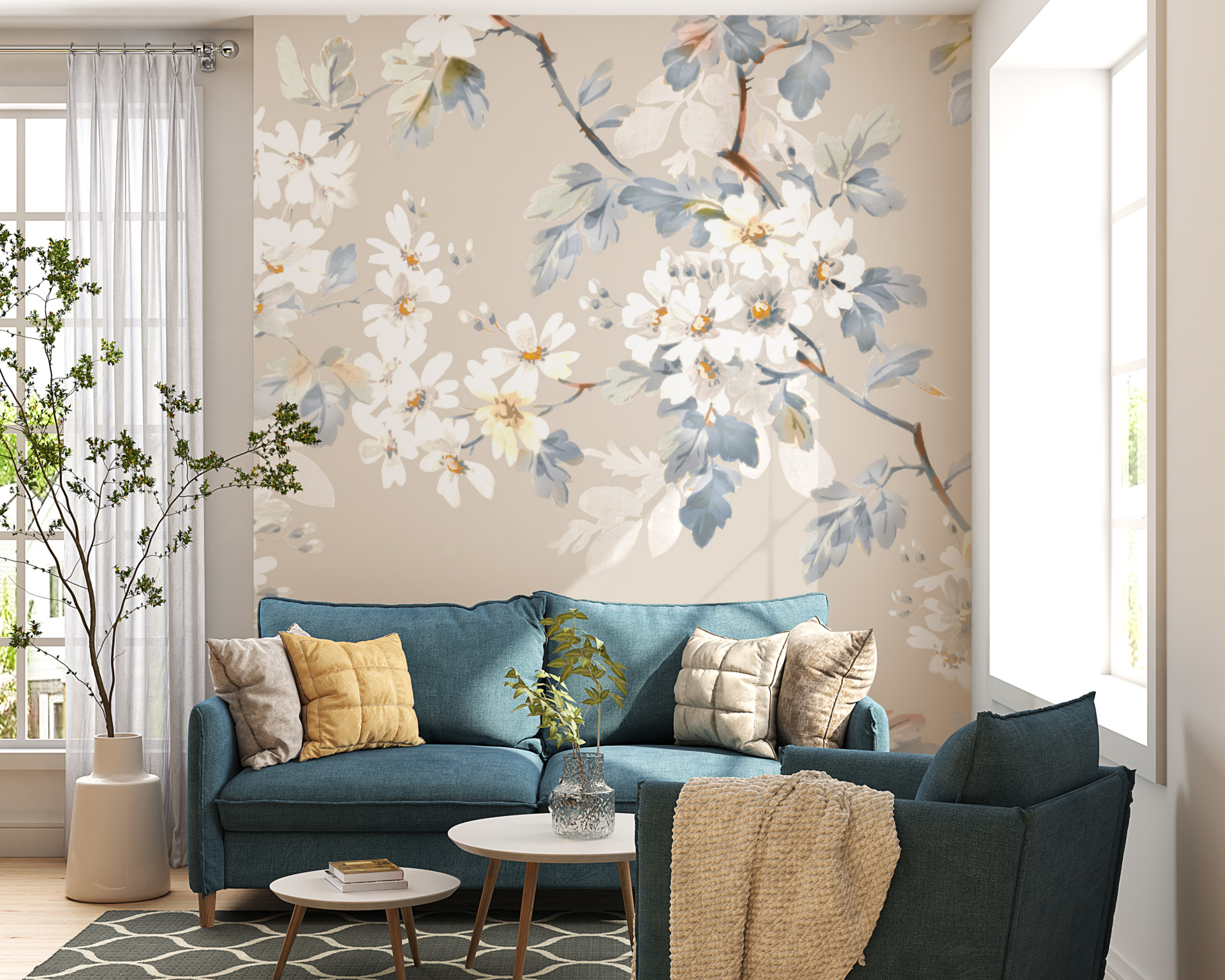 Zidni zid grančica bijelog cvijeća