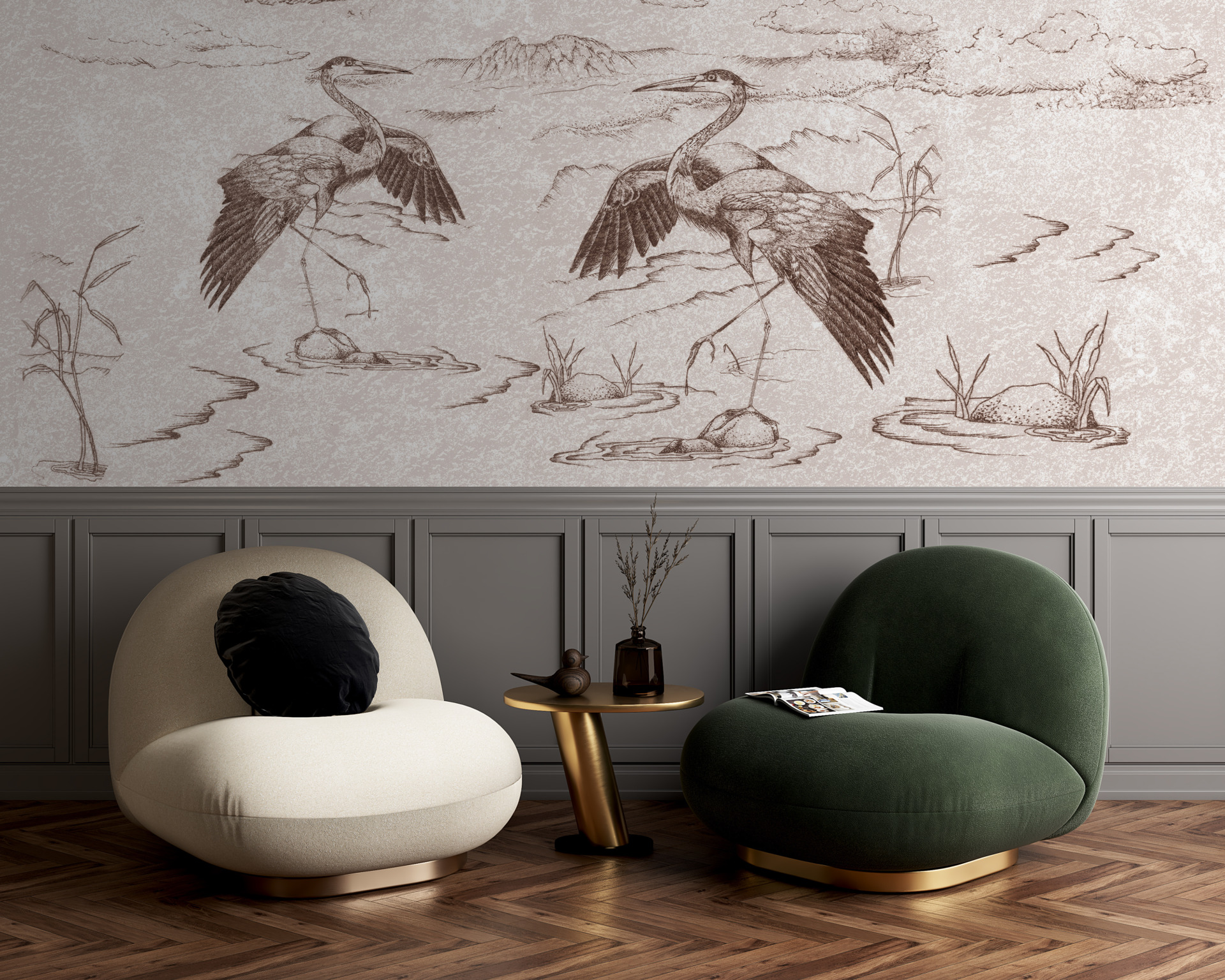 Zidni zidni zid japanskih dizalica u gravuri