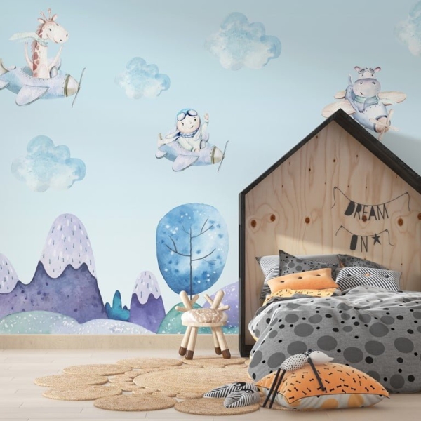 Zidni mural Šareni avioni u oblacima za djecu