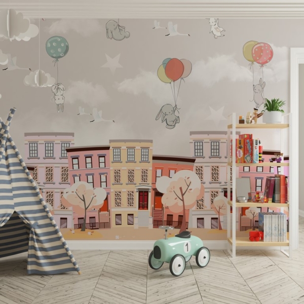 Mural zečića nad ružičastim gradom