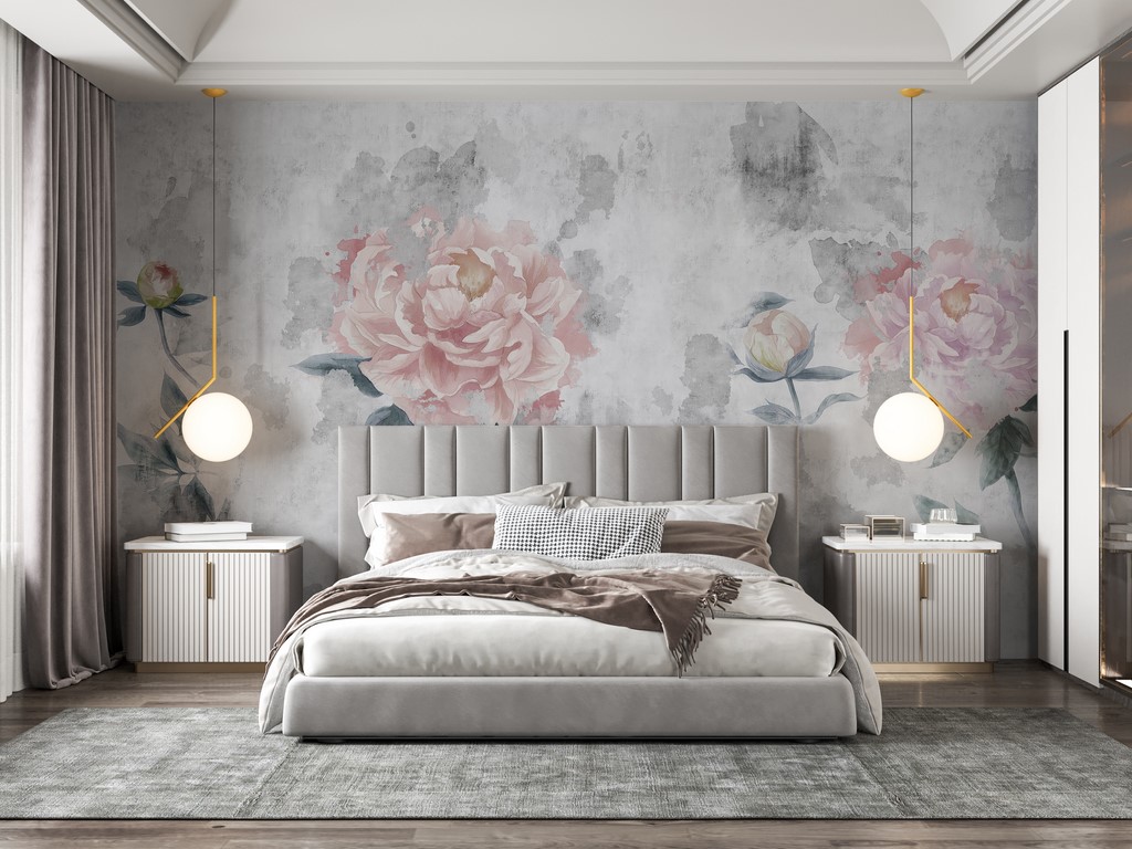 Foto pozadina Ružičasti cvjetovi božura na sivoj pozadini