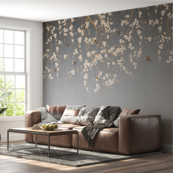 Mural od trešnjinog cvijeta na sivoj pozadini