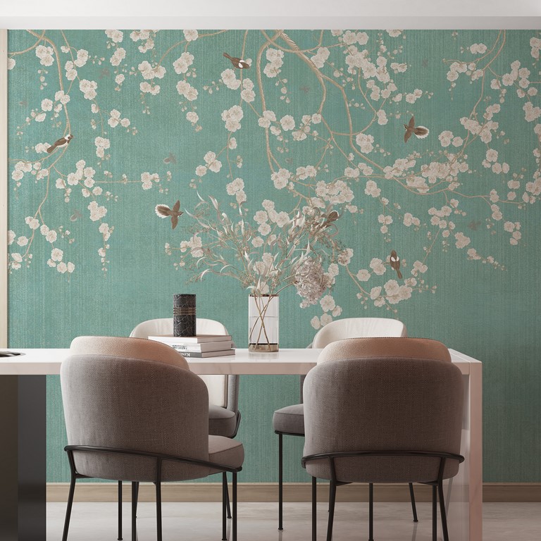 Foto tapete cvjetaju u bijeloj boji na plavoj pozadini