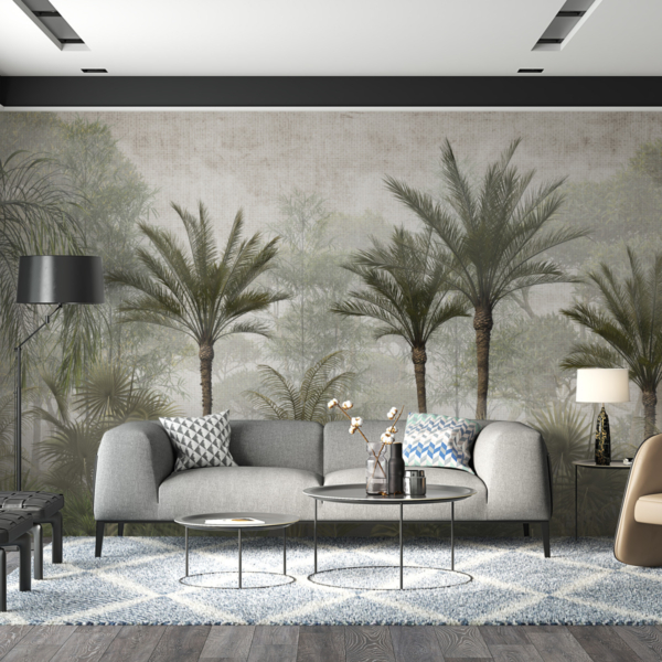 Šuma visokih palmi u zidnom zidu magle