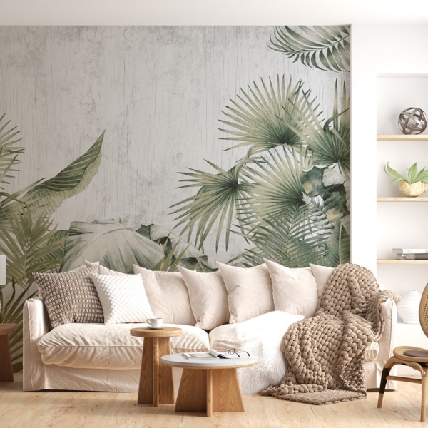 Zidni zid od palminog lišća na sivoj pozadini
