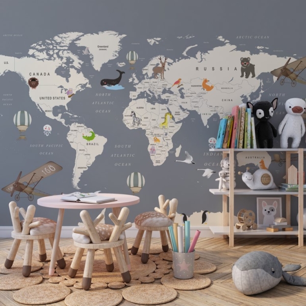 Zidni zidni zid s kartom svijeta za djecu