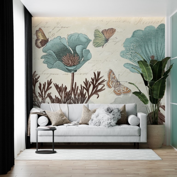 Zidni mural Plavo cvijeće i leptiri
