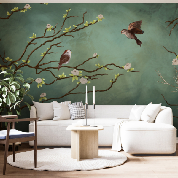 Par ptica na zidnom muralu rascvjetanog stabla