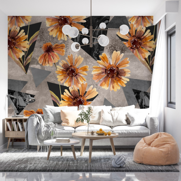 Zidni mural Narančasto cvijeće i sivi trokuti