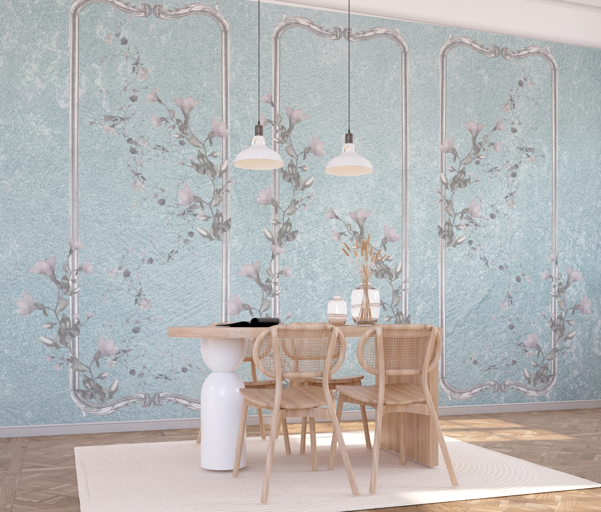 Zidni mural s trostrukim cvjetnim motivom