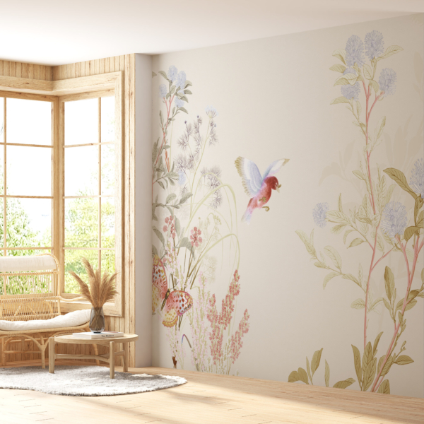Zidni mural Ptica i leptir među cvijećem