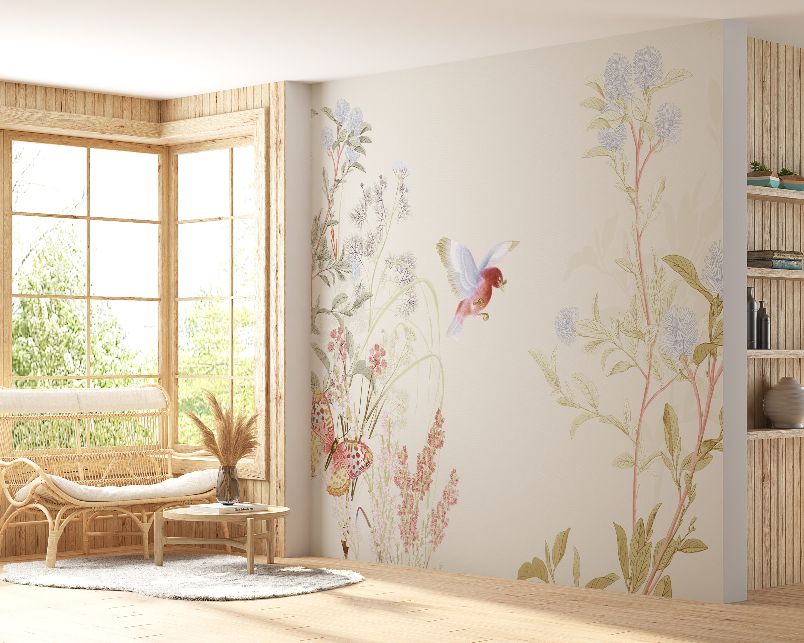 Zidni mural Ptica i leptir među cvijećem