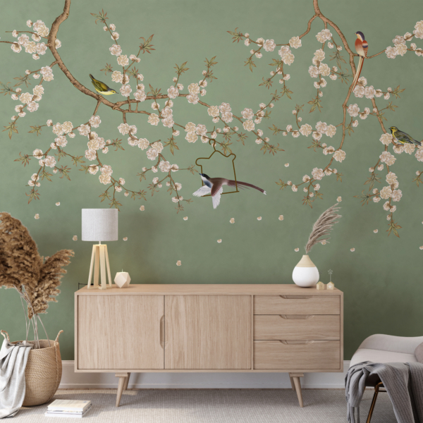 Zidni mural Ptice u cvjetovima trešnje