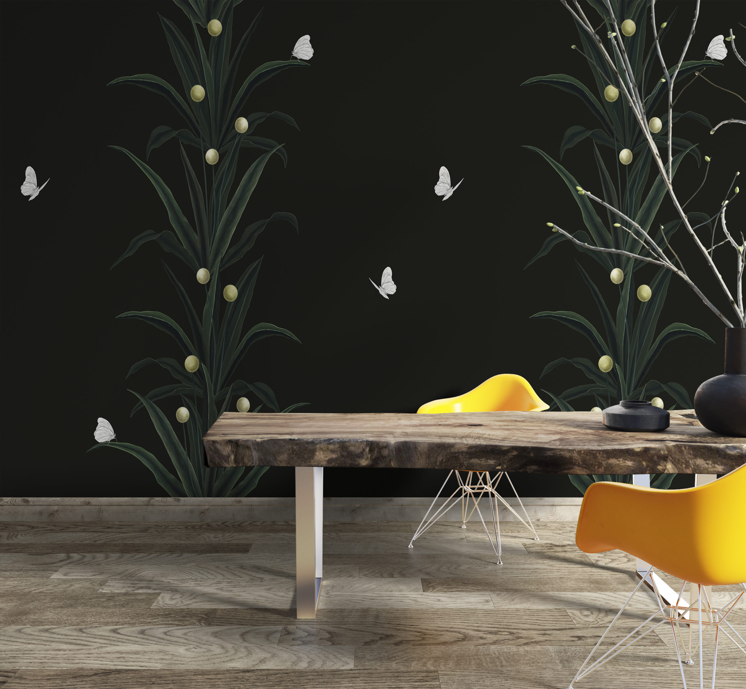 Zidni zidni zid Biljke na crnoj pozadini