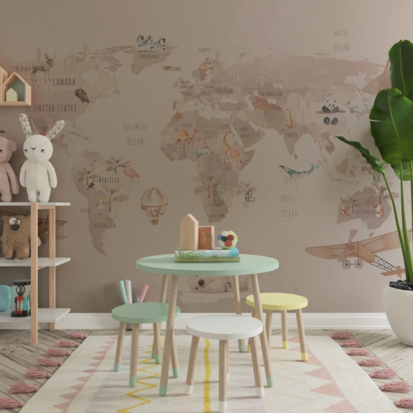 Zidni mural s ružičastom kartom svijeta