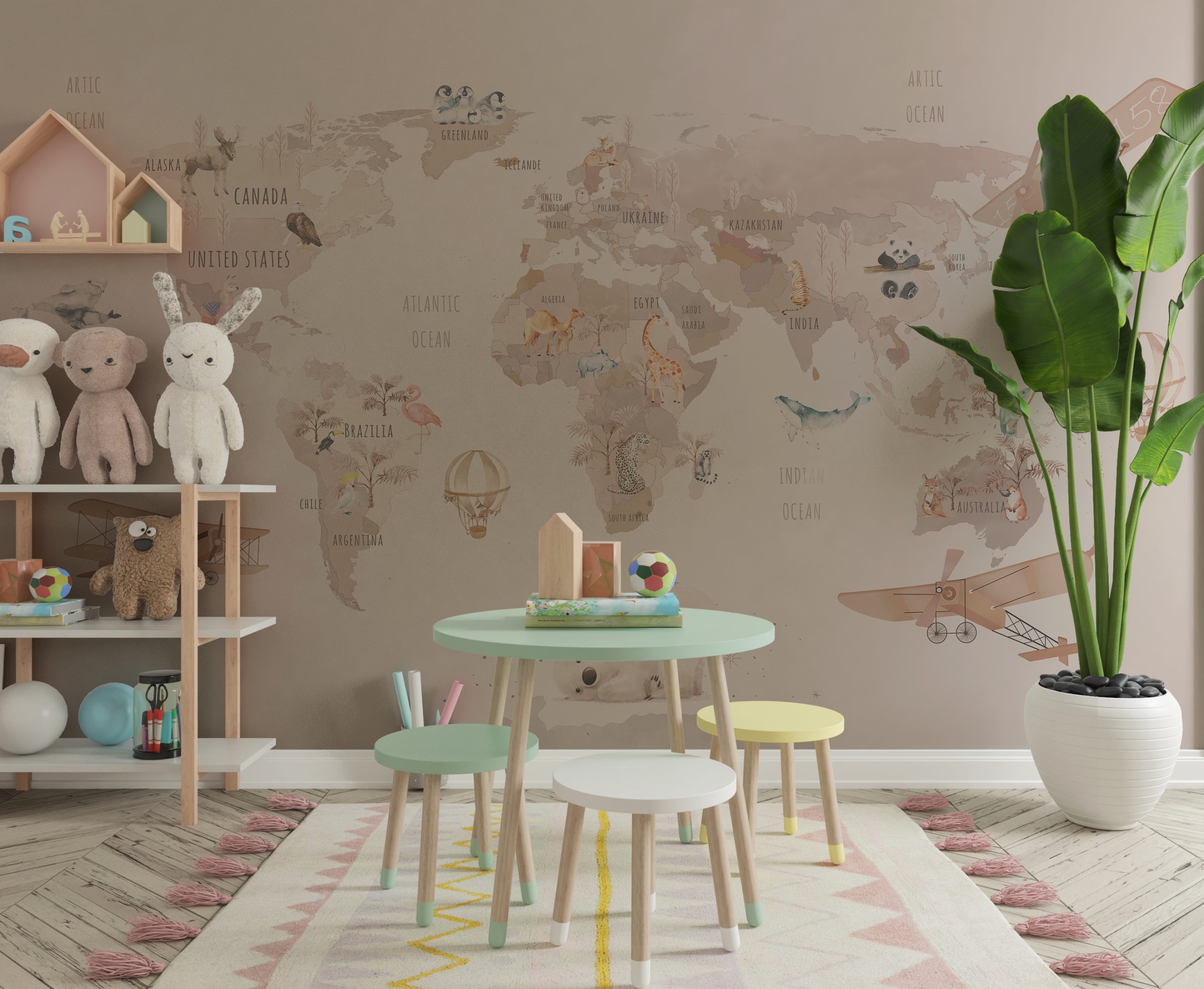 Zidni mural s ružičastom kartom svijeta