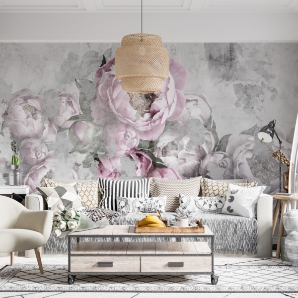 Zidna stena Ružičasti božuri Fuzzy u sivoj boji