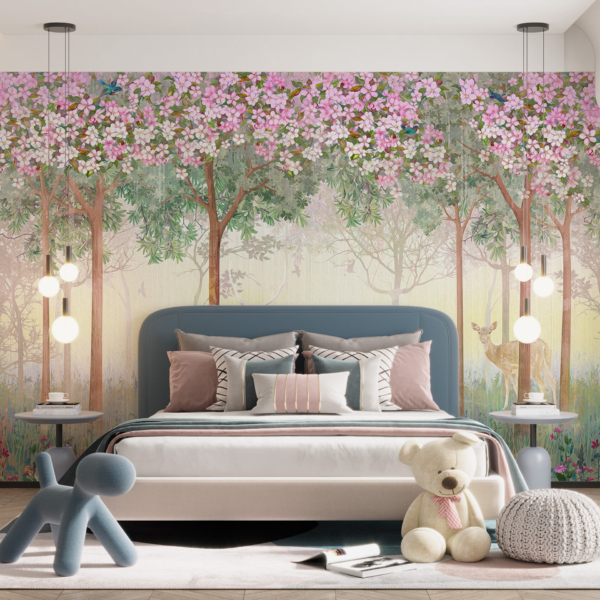 Zidni mural Jelen u ružičastom cvijeću