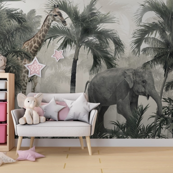 Zidni mural Slon i žirafa u džungli