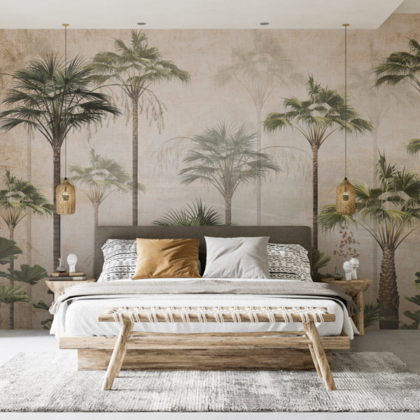 Vitke palme u zidnom muralu s maglom